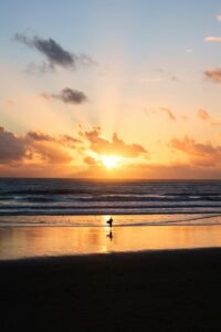 Surfer walking on beach at sunset