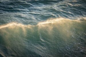 Sunlight glints on a breaking ocean wave